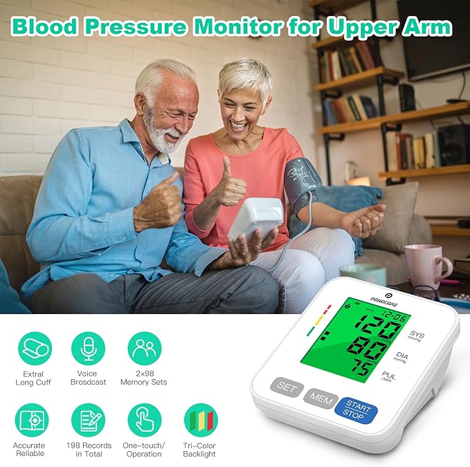 Panacare Blood Pressure Machine, Automatic Upper Arm Blood Pressure Monitor for Home use, 2x99 Readout and BP Cuff, 3.4" 3-Color Backlit Screen, Adjustable Large Cuff (8 to 16 inches), White