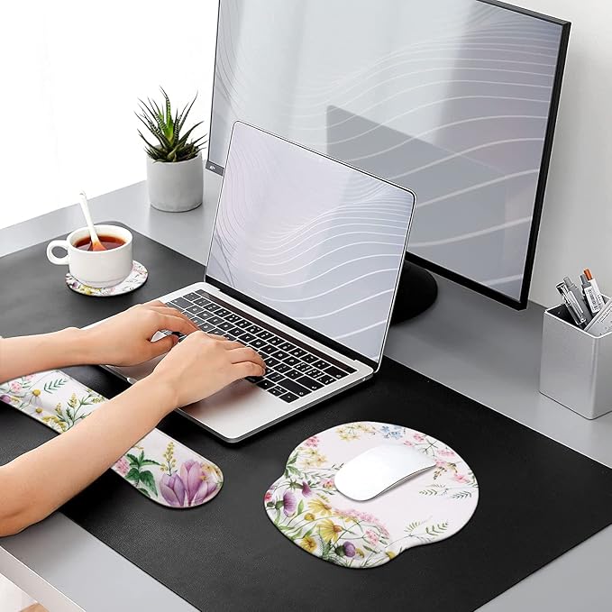 iLeadon Mouse Pad with Wrist Support Keyboard Wrist Rest Set, Ergonomic Mouse Pad with Non-Slip Base for Computer Laptop Home Office + Coasters, Easy Typing & Pain Relief Mouse Mat, Wild Flowers