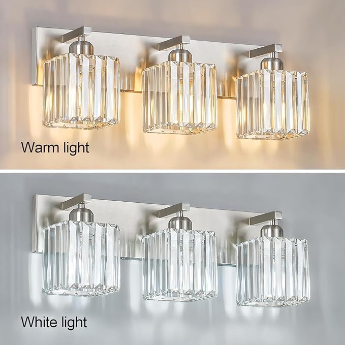 FDPBY Modern Vanity Light 3-Lights Brushed Nickel Vanity Light Crystal Bathroom Wall Light Bathroom Light Fixtures