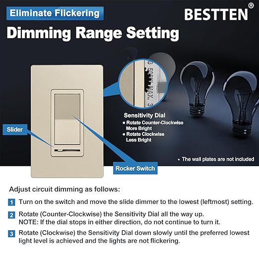BESTTEN Matte Champagne Gold Dimmer Light Switch, Single Pole or 3-Way, Compatible with Dimmable LED, CFL, Incandescent and Halogen Bulb, 120VAC, Signature Collection, UL Listed