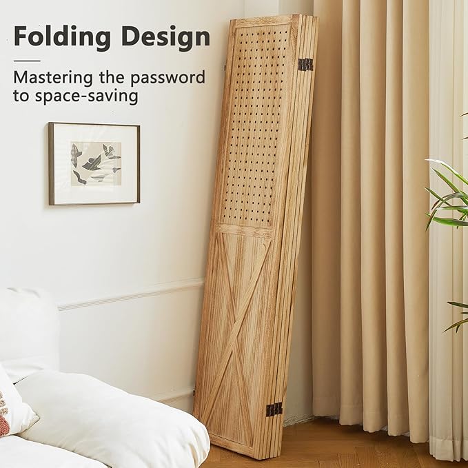 ALeesing 6 Panel Pegboard Room Divider, 5.6Ft Pegboard Display Folding Privacy Screens, Wood Room Divider Peg Board Display Freestanding for Trade Show Craft Show Home Wall Organizer, Light Brown