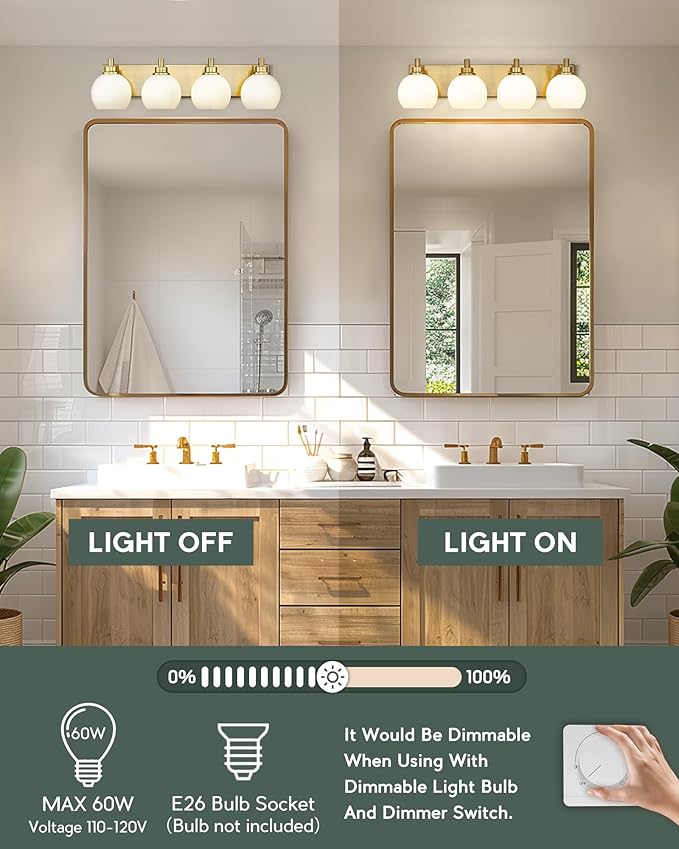 METWET Bathroom Light Fixtures, 4 Light Brushed Gold Vanity Light, 26 Inch Modern Wall Sconces with Globe Milk White Glass Shade, Vanity Lighting Fixtures Over Mirror, VL195-BG-ML-4