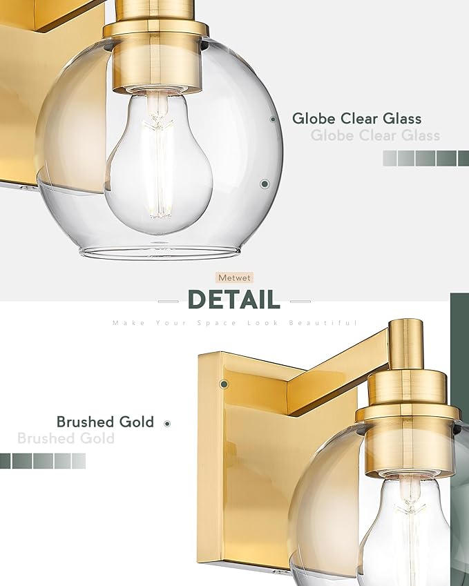 METWET Wall Sconces Set of 2, 1-Light Brushed Gold Sconces Wall Lighting with Globe Clear Glass Shade, Modern Bathroom Vanity Light Fixtures for Mirror Bedroom Living Room, VL195-BG-CL-1-2PK