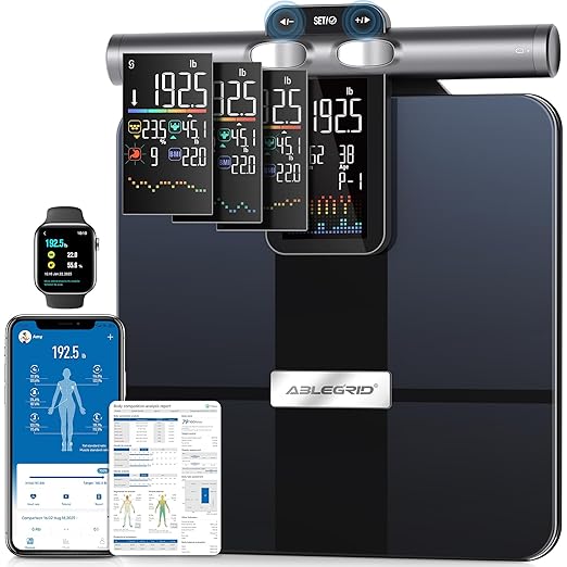 ABLEGRID 8-Electrode Body Composition Scale for Body Weight, Digital Bathroom Smart Body Fat Scale with Gradient Trends Display, 12.2" Platform Handle Weighing Machine, Visceral Fat, BMI, 400lb