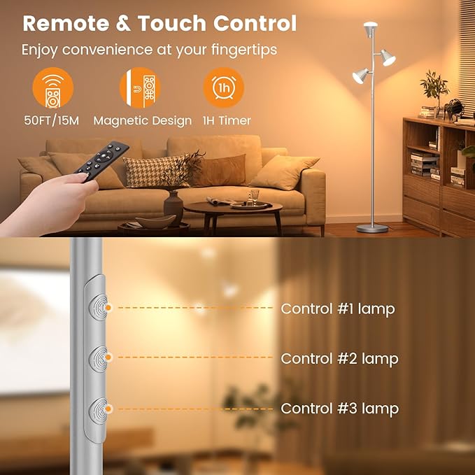 SIBRILLE 36W LED Tree Floor Lamp, Dimmable Tall Standing Lamp with Remote & Touch Control, 4 Color Temperatures Bright Floor Lamp, 3 Rotatable Light Modern Floor Lamps for Living Room Bedroom Office
