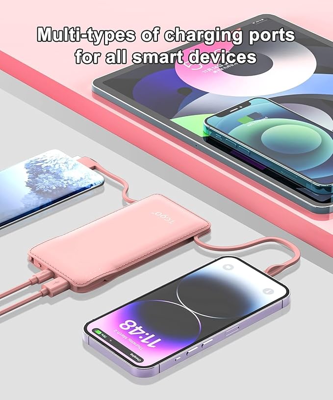TG90° 10000mah Portable Charger Power Bank with Built-in Cables(No AC Plug),Travel Essentials Battery Pack with Cords Portable Phone Charger Compatible with iPhone and Android Smart Devices