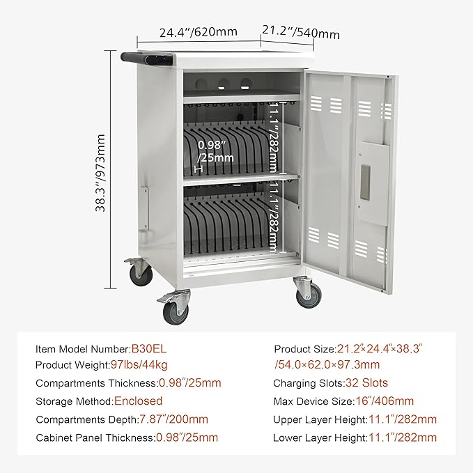 Aokleo Laptop Charging Cart,32 Devices Tablet Storage Carts for pad Up to 16.3" Screen, Classroom Computer Mobile Charging Station for Pads, Chromebooks,Laptops, Updated Password Lock(32 Bay-White)