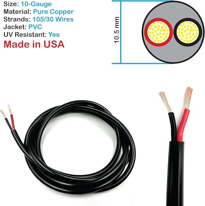 NATIONAL Wire & Cable – 10 AWG 2-Conductor Premium Copper Wire, 1000 ft, Stranded | Made in USA, Heavy-Duty Flexible Jacket | Automotive, Solar, Battery, Indoor and Outdoor Use