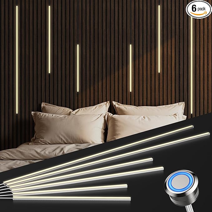 LED Recessed Lighting for Slat Wall Panels - 6PCS Self-Adhesive Dimmable LED Light Strips, 3000K Warm White with Touch Control, for Wood Wall Panels, Stairs, Headboard, Under Cabinet Decor