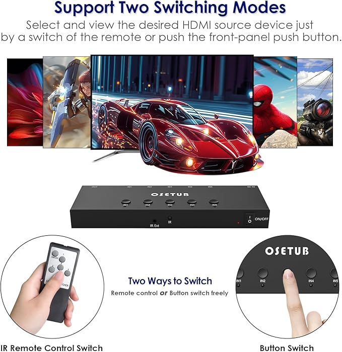 4K@60Hz 5 in 1 Out HDMI Switch, 5 Port HDMI Switcher Selector Support HDR10 & HDCP 2.2 & Full 3D with IR Remote Control Compitable with Nintendo Switch,Xbox PS5/4,Fire Stick,Roku,Apple TV for Gaming