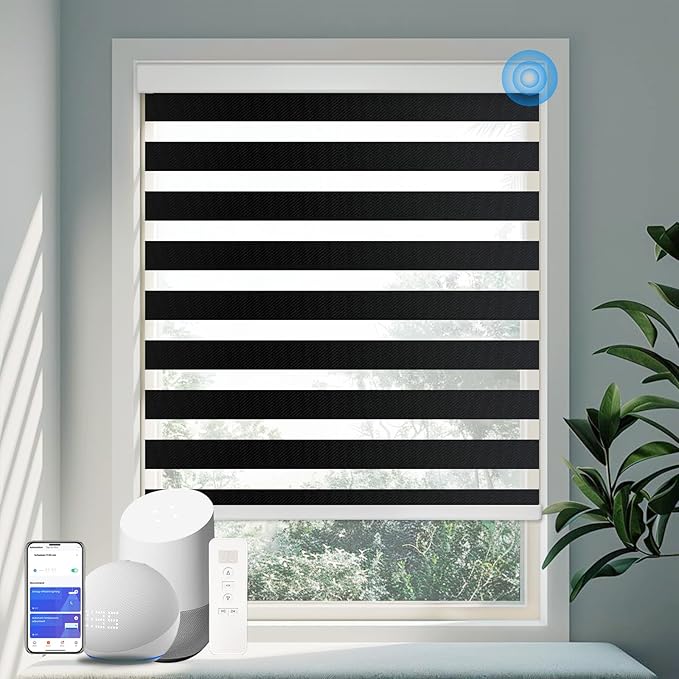 COOLWINDS Motorized Zebra Blinds for Windows Cordless Electric Curtains with Remote Control Blackout Shades Custom Smart Blinds Compatible with Alexa Google Home(Light Filtering Black,W40 X 72in)