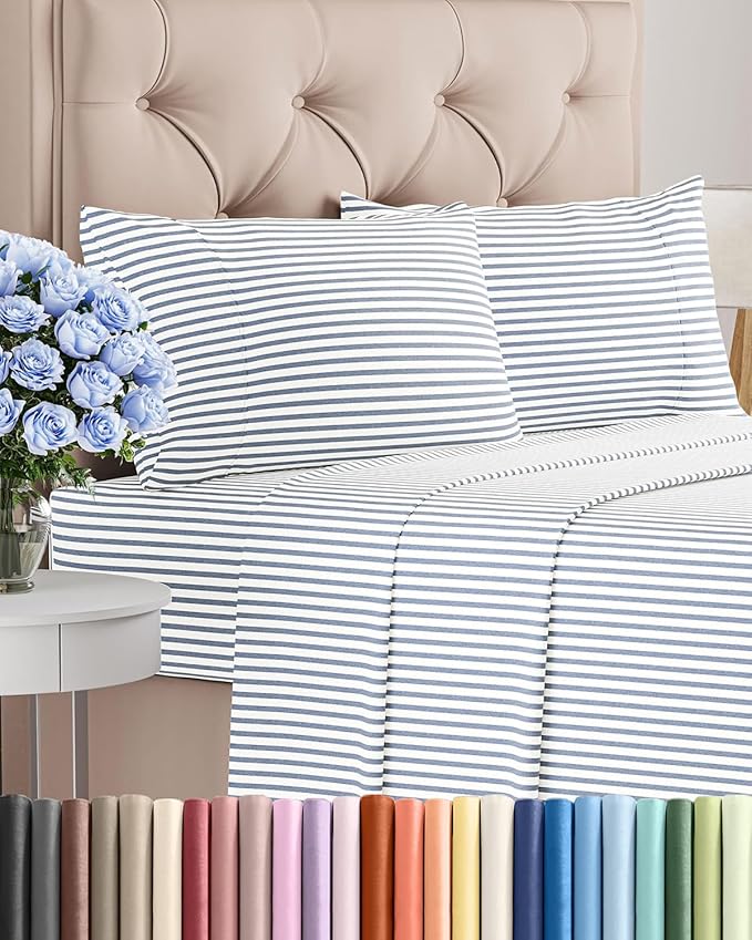 Full Size 4 Piece Sheet Set - Comfy Breathable & Cooling Bed Sheets Set - Hotel Luxury Bedding for Women, Men, Kids, Teens, Boys & Girls - Deep Pockets, Soft, Wrinkle Free - Oeko-Tex - Blue Stripes 2
