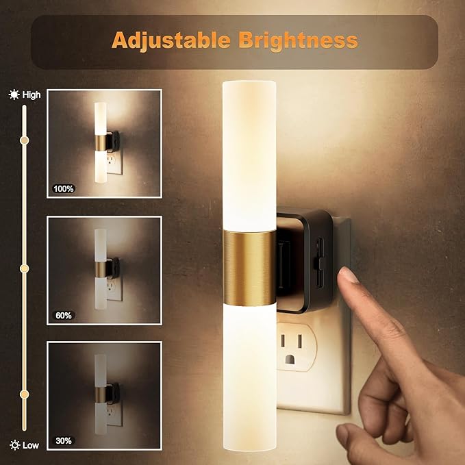 JandCase LED Night Light, Night Lights Plug into Wall, 3000K Soft White, 0-100LM Adjustable Brightness, 180° Rotating Plug in Night Light with Auto Light Sensor for Bedroom Bathroom Hallway