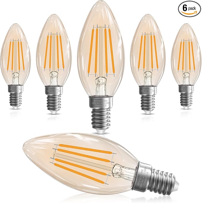 GvvooHome LED Candelabra Light Bulbs, 40 watt Equivalent Chandelier Bulbs, E12 LED Bulb Dimmable, 2200K Amber Warm, B10 Candle Light Bulb, 90+CRI, 400LM, Amber Glass Finish, 6 Pack