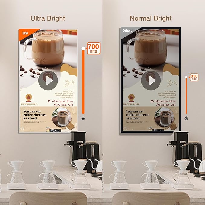 Canlarriz Digital Signage Display 85 inch Wall Mount Digital Menu Board for Restaurants and Stores Advertising Screen 500 nits Ultra-High Brightness 4K UHD Free Web Content Editor Android 4GB + 64GB