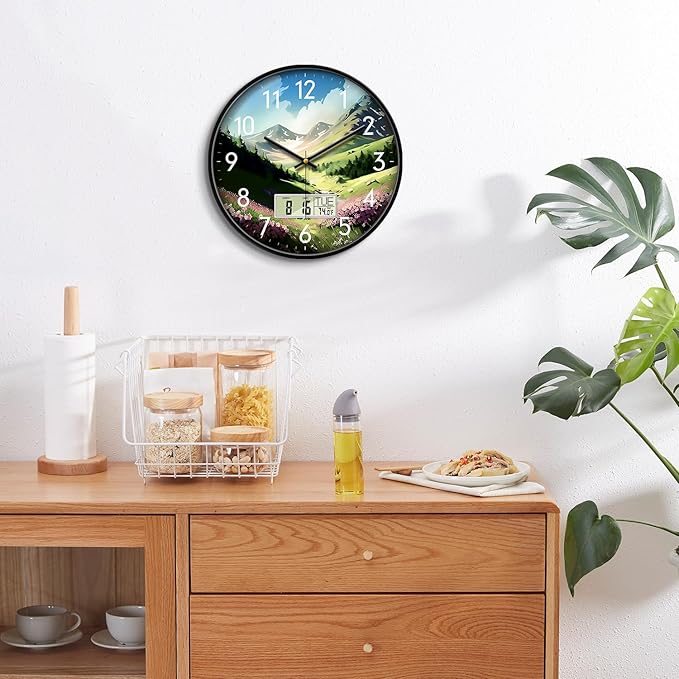 SCOAGE Digital Large Display Silent Wall Clock with Temperature Date Mountain Flowers Modern Non-ticking Battery Operated Mount Clocks Bathroom Kitchen Clock Farmhouse Living Room Office Decor 14 Inch