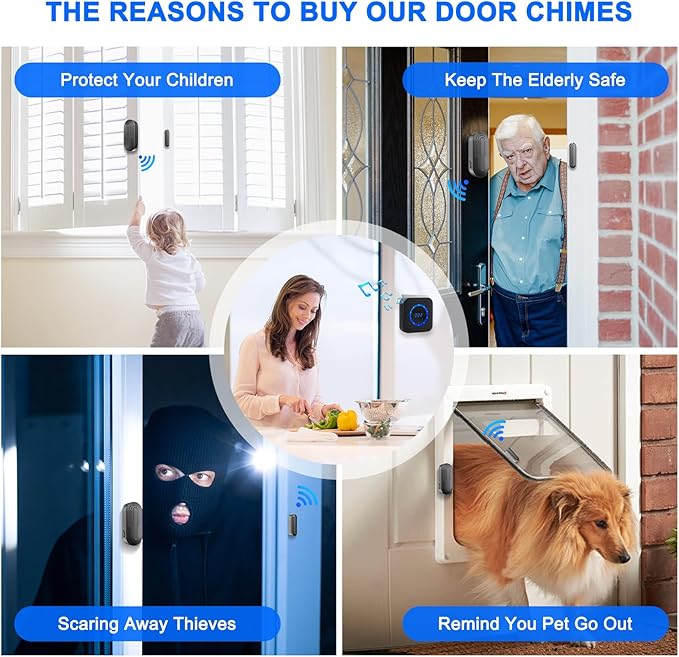 Door Chime SanJie Door Alarms When Opened for Home Office Business Door Entry Chime with 800Ft Range 5 Volume Levels 55 Ringtones (1 Receiver & 3 Sensor)