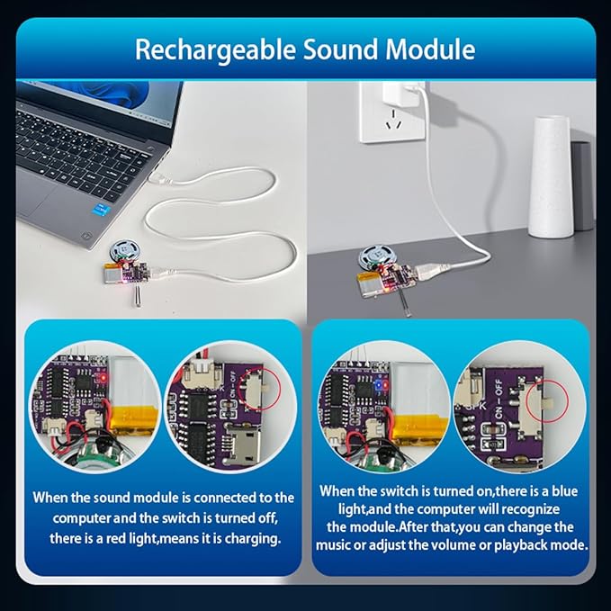 Voice Module,MP3 Music Sound Chips, 16MB Sound Module for Crafts, Christmas, New Year Greeting Cards, Box with Speaker Lithium Battery Powered and USB Cable. (JR-JX7004-Light Sound Module)
