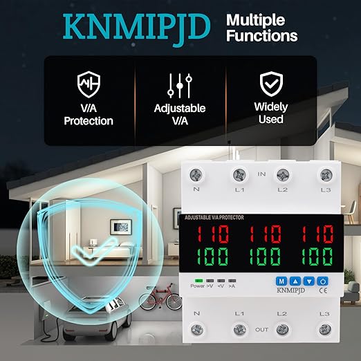 KNMIPJD Over Under Voltage Protection Device, 110V 100A Adjustable Circuit Breaker with LED Display for Real-Time Monitoring of Voltage, Current, Power, Home Commercial Electrical Safety（4P 100A）