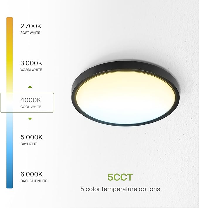 ASD LED 12" Round Flush Mount Ceiling Light Fixture, Low Profile Surface Lighting | 5CCT, Dimmable, Ultra-Thin, ETL Listed | 24W 2000LM 2700-6000K 100-277V | Kitchen, Hallway Lamp | Black, 4 Pack