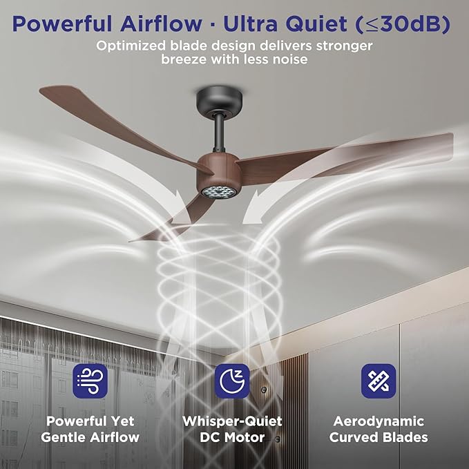 ocioc Ceiling Fans with Lights and Remote, 52 Inch Modern Ceiling Fan with Quiet Reversible DC Motor,Dimmable LED,6 Speeds,Timer, Ceiling Fan for Bedroom,Dining Room(Dark Walnut Finish)