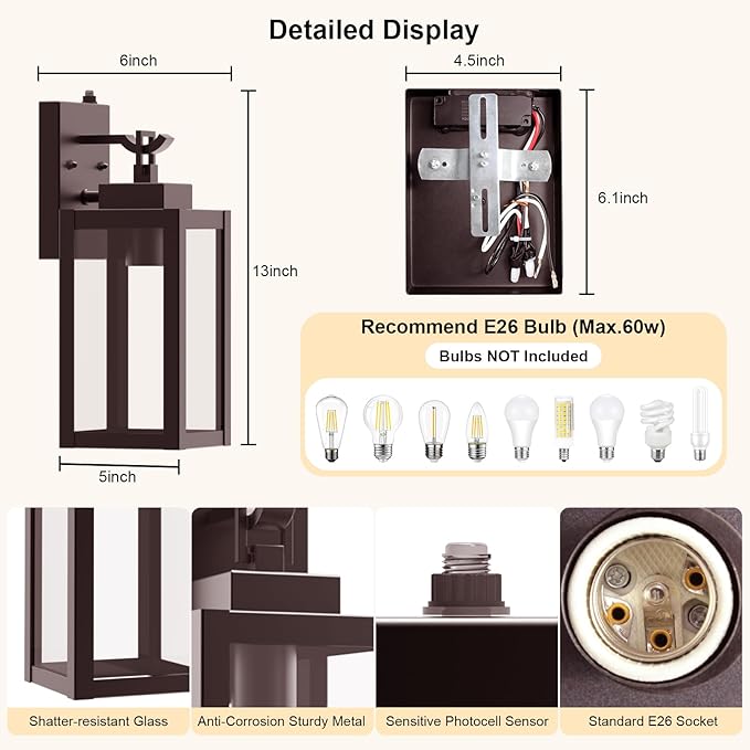 LTBLIGHT 2-Pack Dusk to Dawn Porch Light, Farmhouse Brown Outdoor Lights Wall Mount, Waterproof Anti-Rust Wall Sconces for House, Yard, Entryway, Garage, 100-120Vac