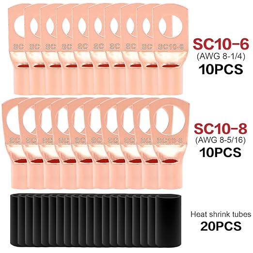 8 Gauge Wire (25ft Each - Red/Black) Copper Clad Aluminum CCA - Primary Automotive Wire,Car Amplifier Power & Ground Cable, 20PCS Lugs Terminal Connectors,20PCS 2:1 Heat Shrink Tubing