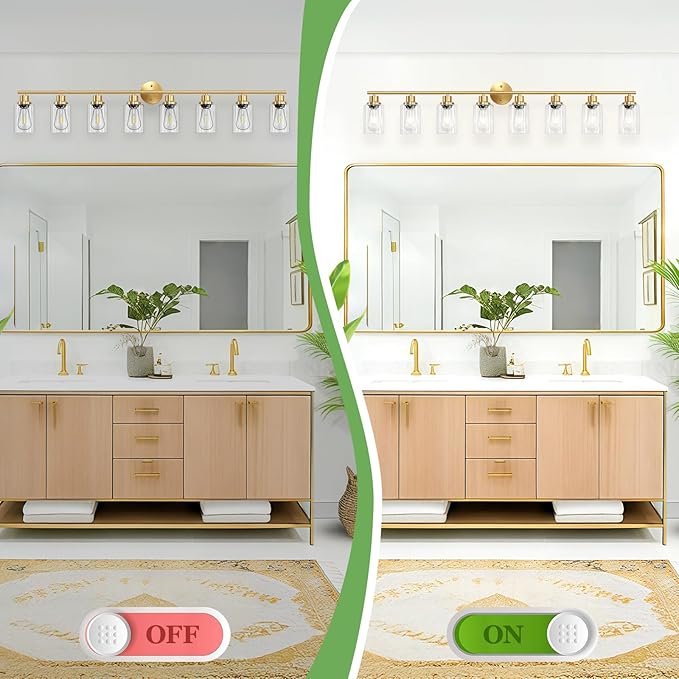 Guliaofo 8-Light Brushed Gold Vanity Lights for Bathroom, Lighting Fixtures Over Mirror with Clear Glass Shade, Modern Kitchen Light Fixtures Wall Lamps Sconce Light - E26 Base