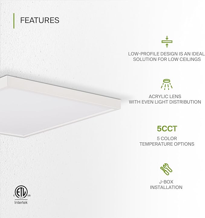 ASD LED 12" Square Flush Mount Ceiling Light Fixture, Low Profile Surface Lighting | 5CCT, Dimmable, Ultra-Thin, ETL Listed | 24W 1700LM 2700-6000K 120V | Kitchen, Bedroom Lamp | White, 12 Pack