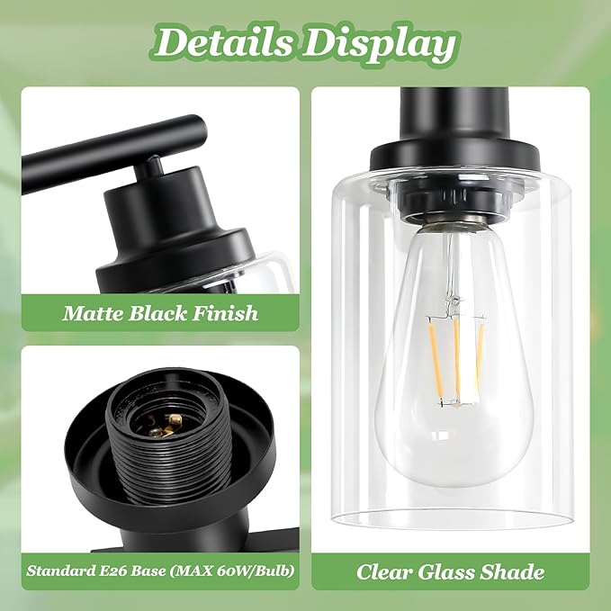 Guliaofo 6-Light E26 Black Bathroom Vanity Lights, Modern Bathroom Light Fixtures with Clear Glass Shade, Wall Lamps for Mirror Hallway Kitchen Cabinet Living Room Sconces Lights