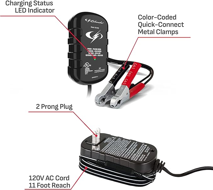 Schumacher Electric 0.8A Car Battery Charger and Maintainer, 2-in-1 Solution, for 12V Power Sport, Automotive, and Marine Batteries, SC1299
