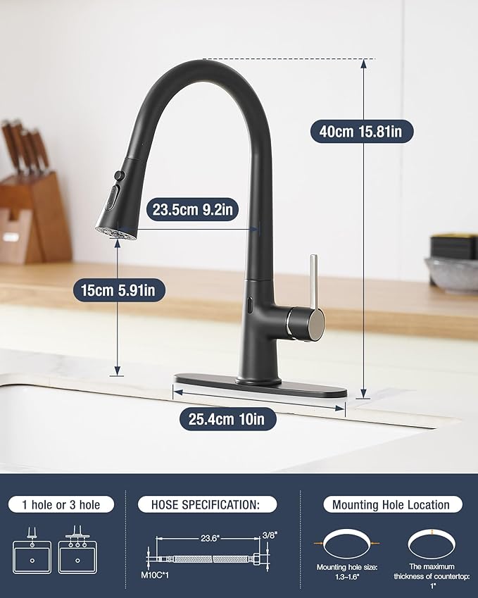 AIMADI Touchless Kitchen Faucet, Matte Black,Single Handle Pull-Down Sprayer,Deck Plate Included | Hands-Free Smart Motion Sensor Kitchen Sink Faucet, 3 Spray Modes, Fits 1 or 3 Hole Sinks
