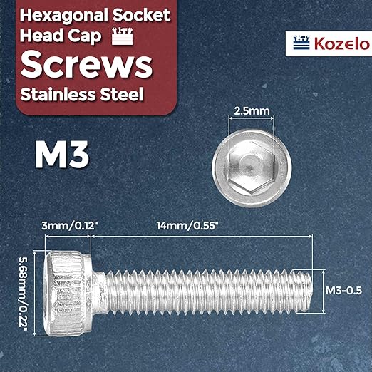 Kozelo 50pcs Socket Head Cap Screws - [M3-0.5 x 14mm] 304 Stainless Steel Allen Socket Drive for Electrical Motor 3D Printing Fan Engine Replacement Use, Silver