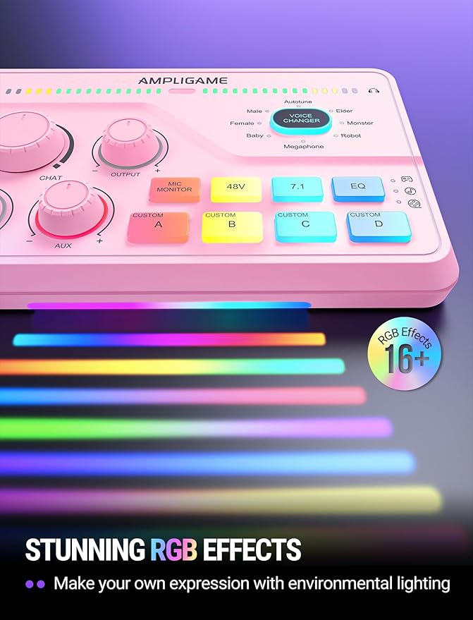 FIFINE Streaming Audio Mixer with XLR Mic Interface & 7.1 Surround Sound, Gaming RGB Mixer for PC/PS4 with Individual Volume Knob, 3 EQ Mode, 48V Phantom Power,Voice Changer-AmpliGame SC8P