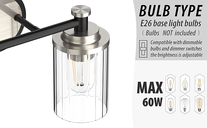 PHIXART Bathroom Lighting Fixtures Black and Brushed Nickel Bathroom Vanity Light with Cylindrical Clear Stripes Glass Lampshade E26 Socket Base Bathroom Lighting Fixtures Over Mirror (2 Lights)