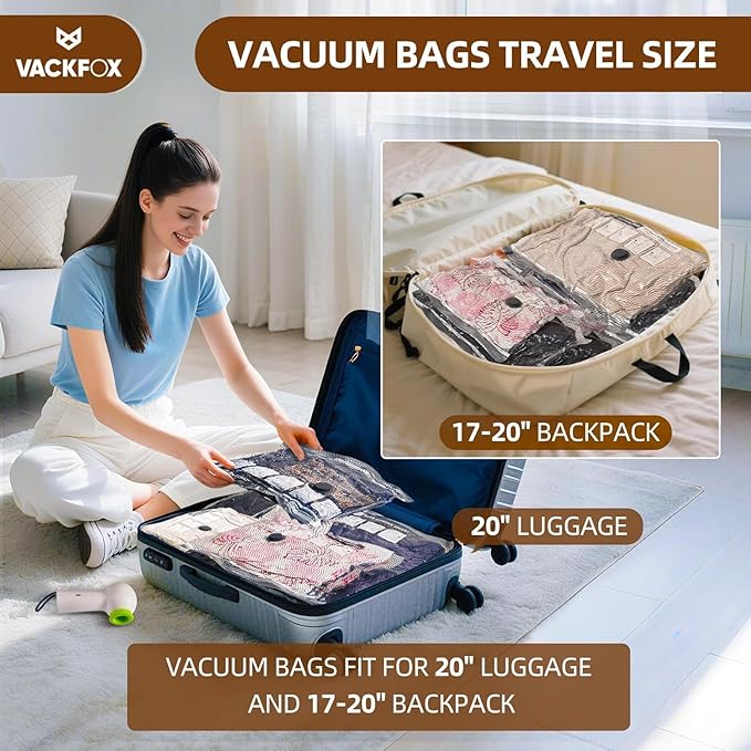 VACKFOX Travel Vacuum Storage Bags with Rechargeable USB Pump, 9 Pack Carry-On Size Compression Packing Bags for Luggage and Suitcase, Space Saver for Clothes and Clothing Travel