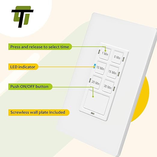 TG 30-Min Countdown Timer Switch for Bathroom Fans and Lights, Neutral Wire Required Wall Switch Timer, 1-5-10-15-20-30 Min, UL Listed, Screwless Wall Plate Included, TS-C30M, White