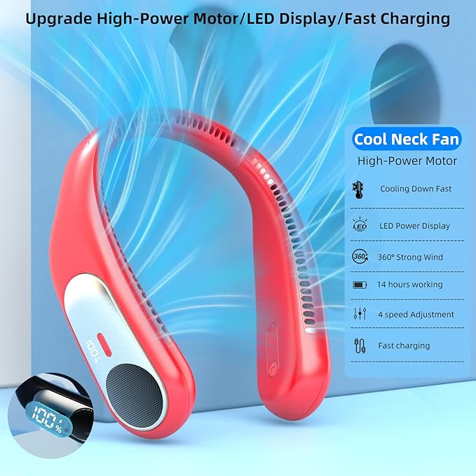 Portable Neck Fan,Personal Wearable Bladeless Fan,LED Display,4-Speeds,6000mAh USB Rechargeable,360° Strong Cooling Wind,Hands Free,White Elephant Gift,Christmas Gifts for Men Women Dad Mom (Red)
