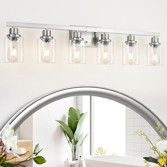 DIKAIDA Bathroom Vanity Light, 6-Light Nickel Modern Matte Wall Sconce Lighting with Clear Glass Shade, Wall Lights,Bath Vintage Wall Mounted Lamps for Mirror Bedroom Living Room