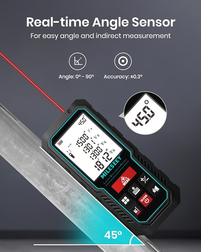 Laser Measure Device, MiLESEEY 393ft Digital Laser Tape Measure with Upgrade Electronic Angle Sensor, 2mm Accuracy, Area Measurement,Volume and Pythagoras, 2" LCD Backlit,Mute, Battery Included