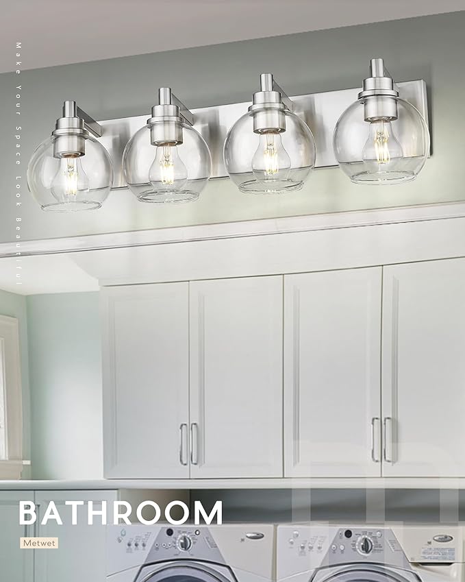 METWET Bathroom Light Fixtures, 4 Light Brushed Nickel Vanity Light, 26 Inch Modern Wall Sconces with Globe Clear Glass Shade, Vanity Lighting Fixtures Over Mirror, VL195-BN-CL-4