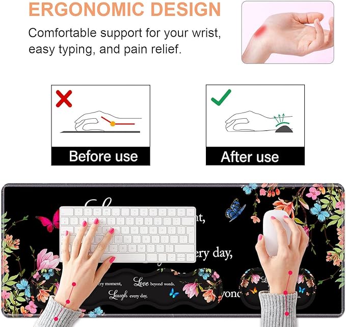 Ergonomic Keyboard Wrist Rest & Mouse Pad Wrist Rest Set,Large XXL Gaming Desk Mat 31.5"x 11.8" with Non-Slip Base, Memory Foam,Easy Typing Pain Relief for Home & Office,Floral Quote Live Laugh Love
