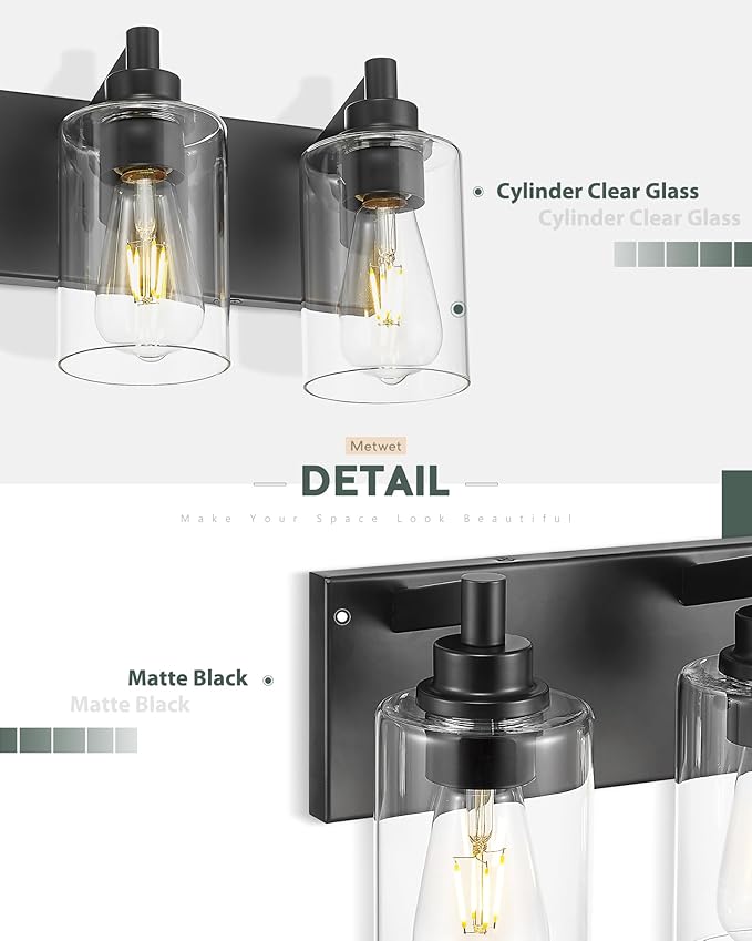 METWET 3-Light Bathroom Light Fixtures, Black Vanity Light with Cylinder Clear Glass Shade, Modern Vanity Lighting Fixtures Over Mirror, VL143-MB-3