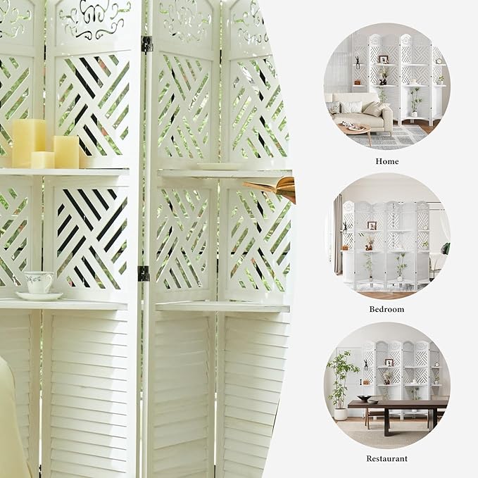 Svimi Room Divider with Shelves, 68.9inch Wood Carved and Louvered Wall Divider Freestanding, 4 Panels Folding Partition Screen for Bedroom Home Office (White)