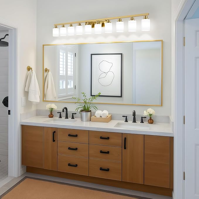DIKAIDA Gold Bathroom Vanity Light,10-Light Brushed Gold Bathroom Light Fixtures with White Frosted Glass,64.5in Wall Lamp Sconces for Mirror Bedroom,Living Room Hallway,E26