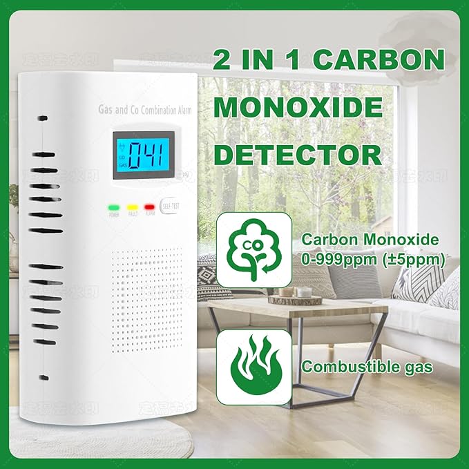 Combination Gas and Carbon Monoxide Detector Plug-in | CO Alarm & Natural Gas Combustible Detector | Digital Display, Battery Backup, Easy Install | for Home Kitchen Safety Monitoring 1-Pack