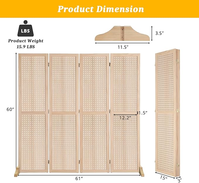 Bonnlo 4 Panel Pegboard Freestanding, 5 FT Portable Display Board Organizer for Craft Show Jewelry, Wooden Folding Privacy Screen Room Divider (with Base, Natural)