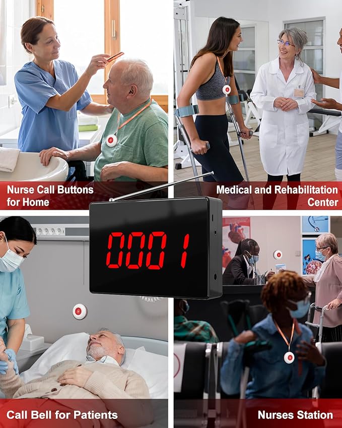 CallToU Wireless Calling System Caregiver Pager Call Button System with 5 Waterproof Call Buttons and 1 Number Receiver for Clinic Nurses Station Restaurant Nursing Home