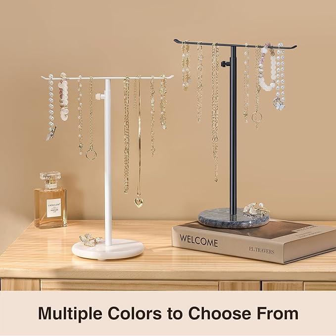 Josmimic Black Necklace Holder Jewelry Organizer Stand – Adjustable Height T‑Bar Jewelry Display with Dark Gray Marble Base, Necklace & Bracelet Holder, Countertop Jewelry Rack