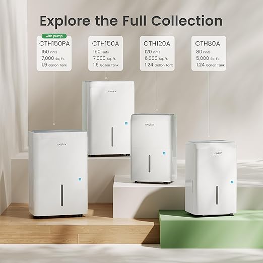 Waykar 150 Pint 2025 Energy Star Dehumidifier with Pump for Large Rooms up to 7,000 Sq. Ft. for Home, Basement, Commercial, Industrial, with Drain Hose & Tank, Auto Defrost, Smart Auto Comfort Mode